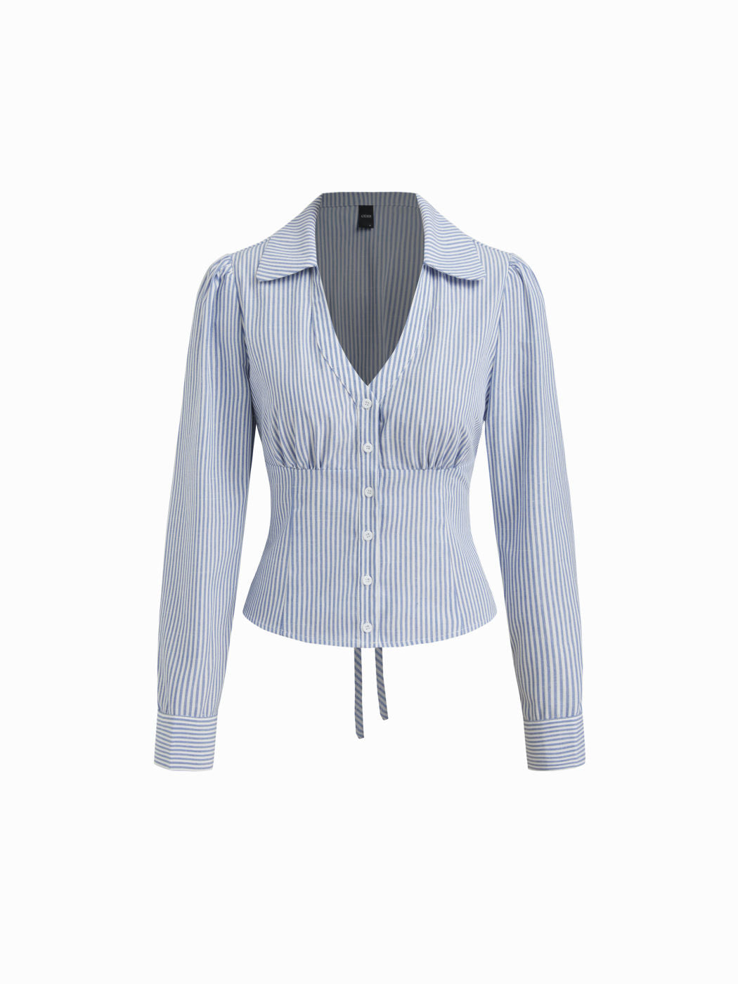 Cotton-blend Collar Stripe Tie Back Knotted Long Sleeve Blouse