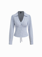 Cotton-blend Collar Stripe Tie Back Knotted Long Sleeve Blouse