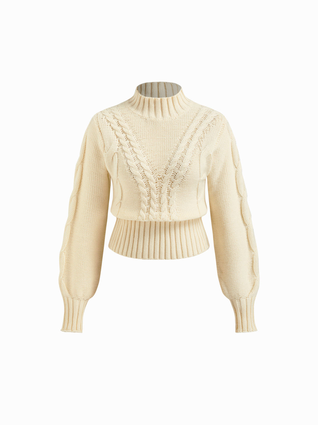 Crochet Cable Knit High Neck Long Sleeve Cinched Waist Top