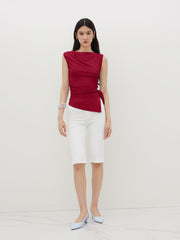 Cowl Neck Ruched Split Knotted Asymmetrical Tank Top