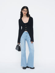 Knit V-neck Button Metal Detail Cardigan
