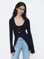 Knit V-neck Button Metal Detail Cardigan