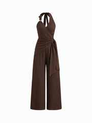 Halter Neckline Metal Detail Knotted Texture Jumpsuit