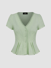 100% Cotton V-neck Ruffle Hem Blouse