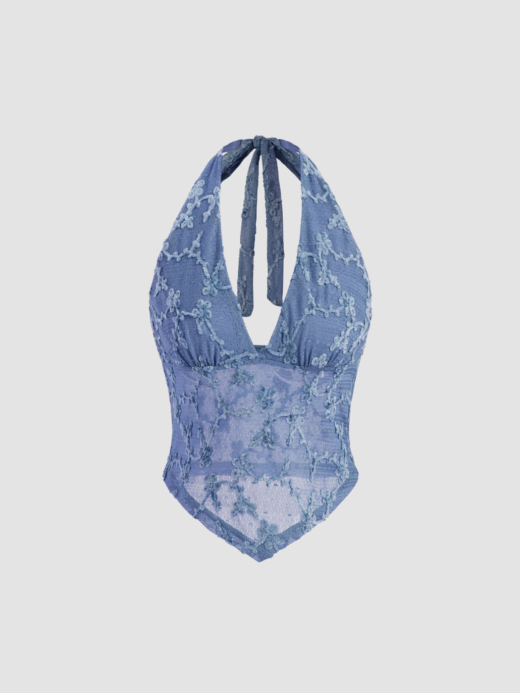 V-neck Halter Knotted Floral Mesh Tank Top