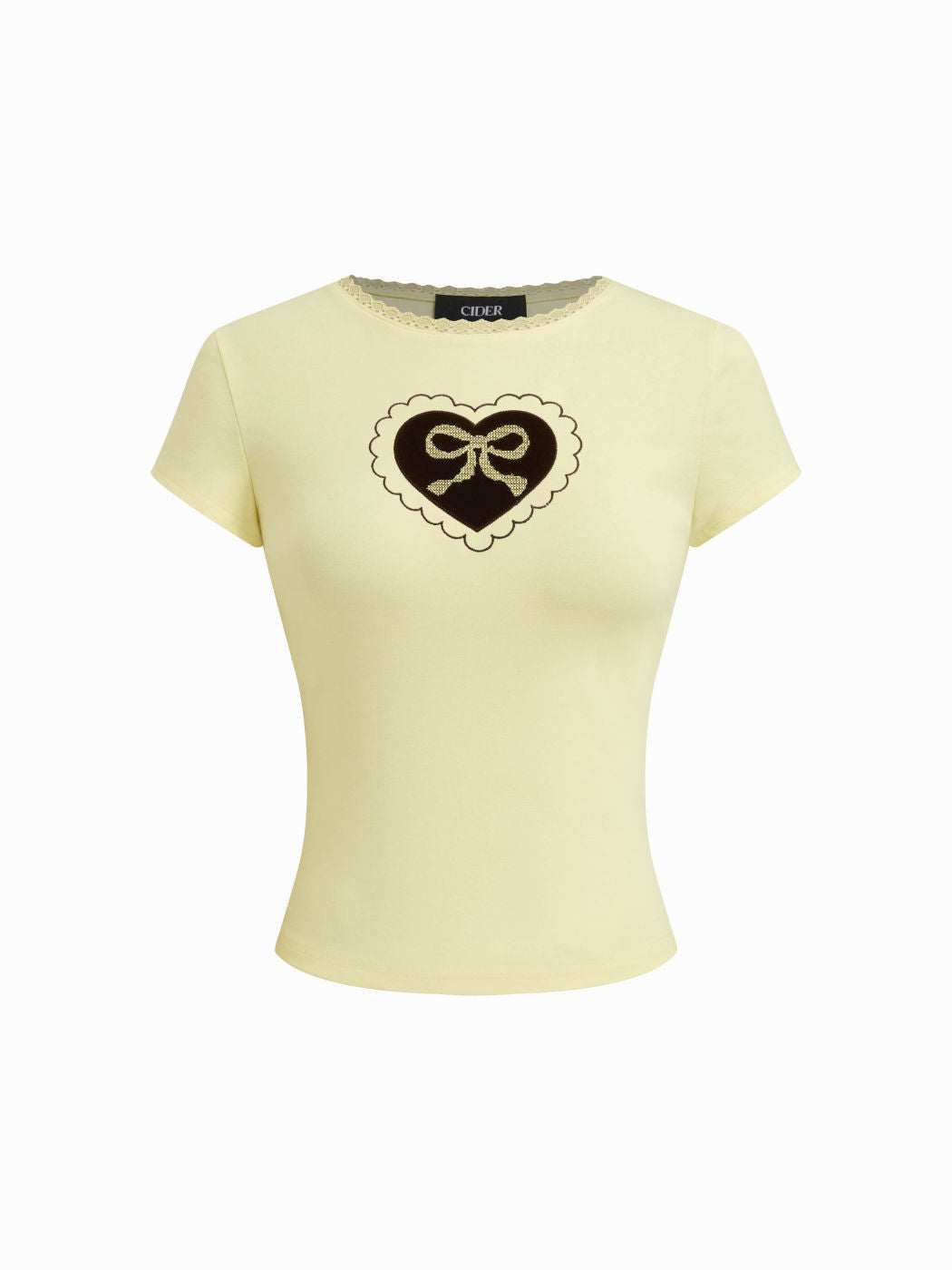Cotton-blend Bowknot Heart Lace Trim Ruched Tee