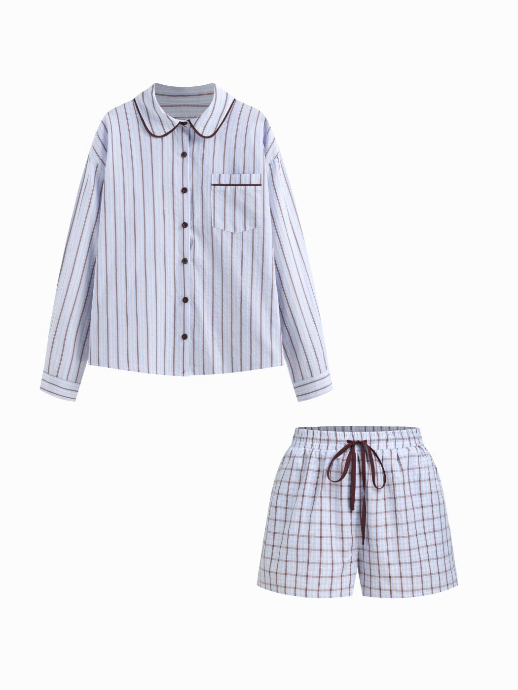 100% Cotton Collar Stripe Oversized Top & Mid Rise Check Drawstring Shorts Loungewear Set