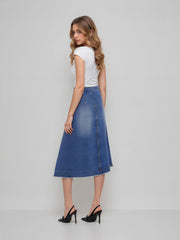 Denim Mid Rise Raw Hem Asymmetrical Belted Midi Skirt