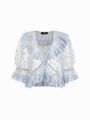 Mesh V-neck Knotted Ruffle Blouse