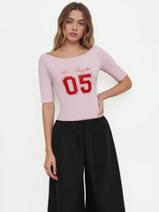 05 Graphic Cotton-blend Boat Neck Mid-length Sleeve Tee