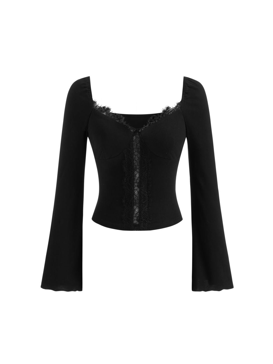 Cotton-blend Sweetheart Neck Lace Long Sleeve Top