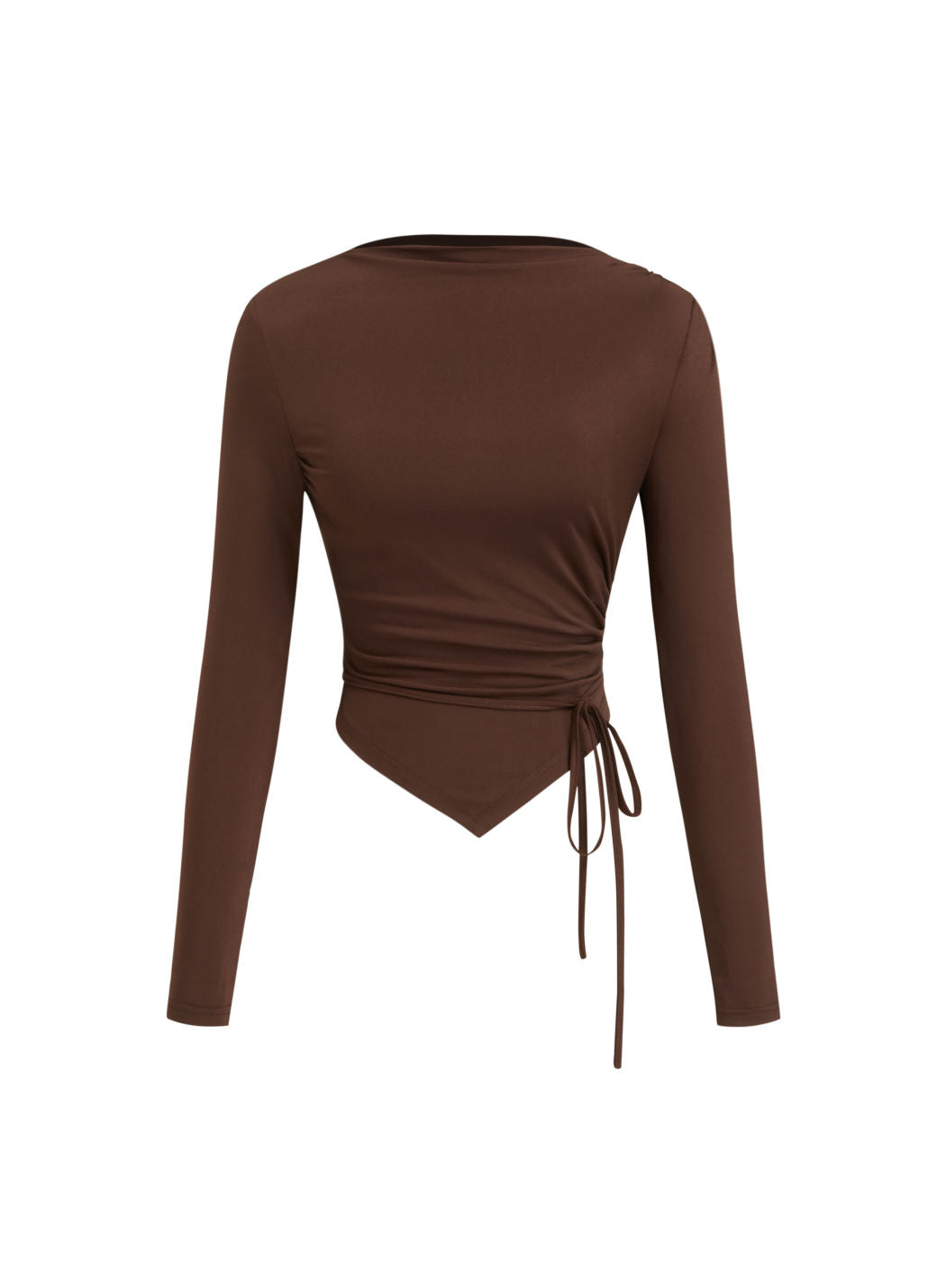 Boat Neck Long Sleeve Ruched Tie Side Asymmetrical Hem Top