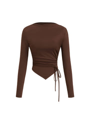 Boat Neck Long Sleeve Ruched Tie Side Asymmetrical Hem Top