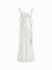 Cowl Neck Solid Ruffle Hem Maxi Dress