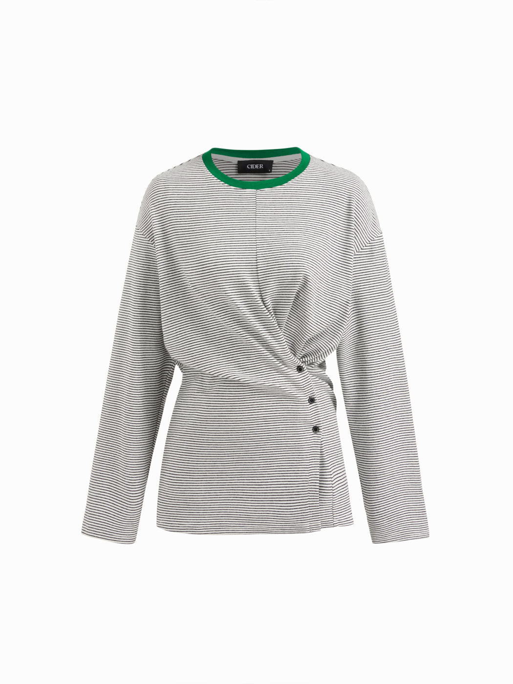 Cotton-blend Stripe Button Side Ruched Contrasting Binding Long Sleeve Tee