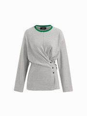 Cotton-blend Stripe Button Side Ruched Contrasting Binding Long Sleeve Tee