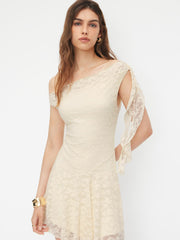Lace Asymmetrical Neck Ruffle Hem Mini Dress