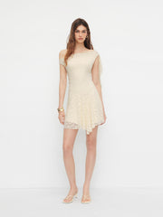 Lace Asymmetrical Neck Ruffle Hem Mini Dress