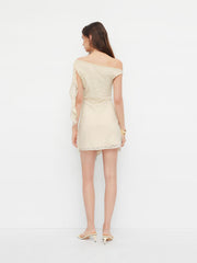 Lace Asymmetrical Neck Ruffle Hem Mini Dress
