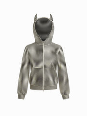 Cotton-blend Stripe Long Sleeve Zip Through Hoodie