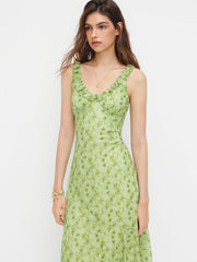 Mesh V-neck Floral Bowknot Ruffle Hem Maxi Dress