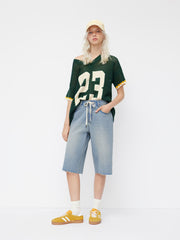 Cider Denim Mid Rise Drawstring Raw Hem Bermuda Jorts