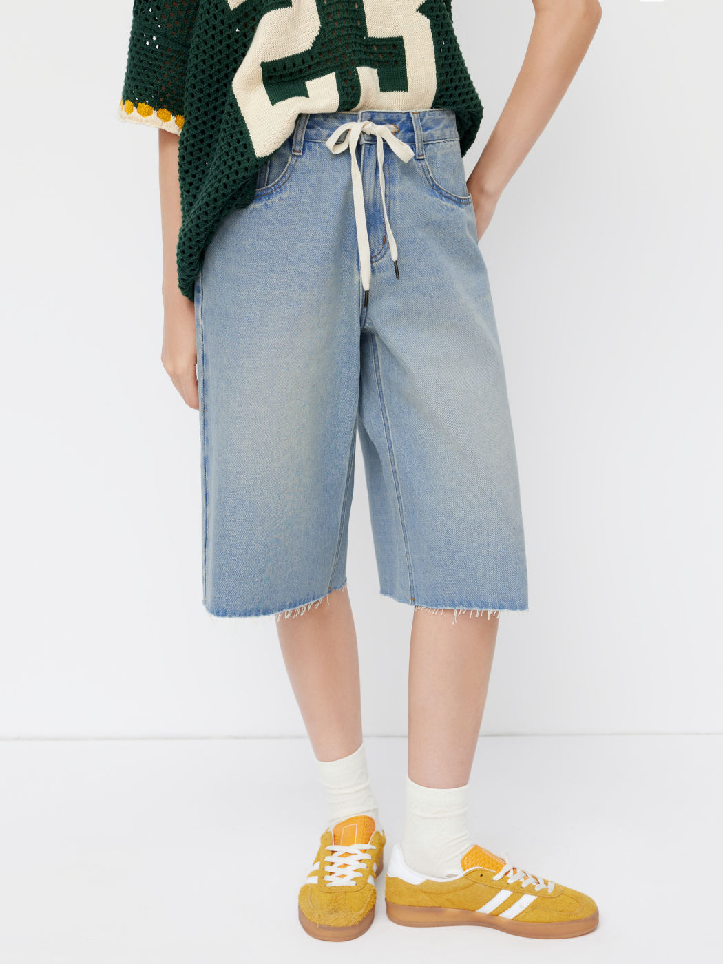Cider Denim Mid Rise Drawstring Raw Hem Bermuda Jorts