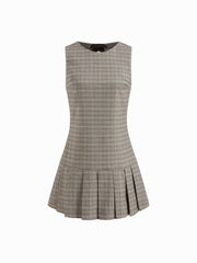 Boat Neck Plaid Pleated Lace Up Knotted Mini Dress