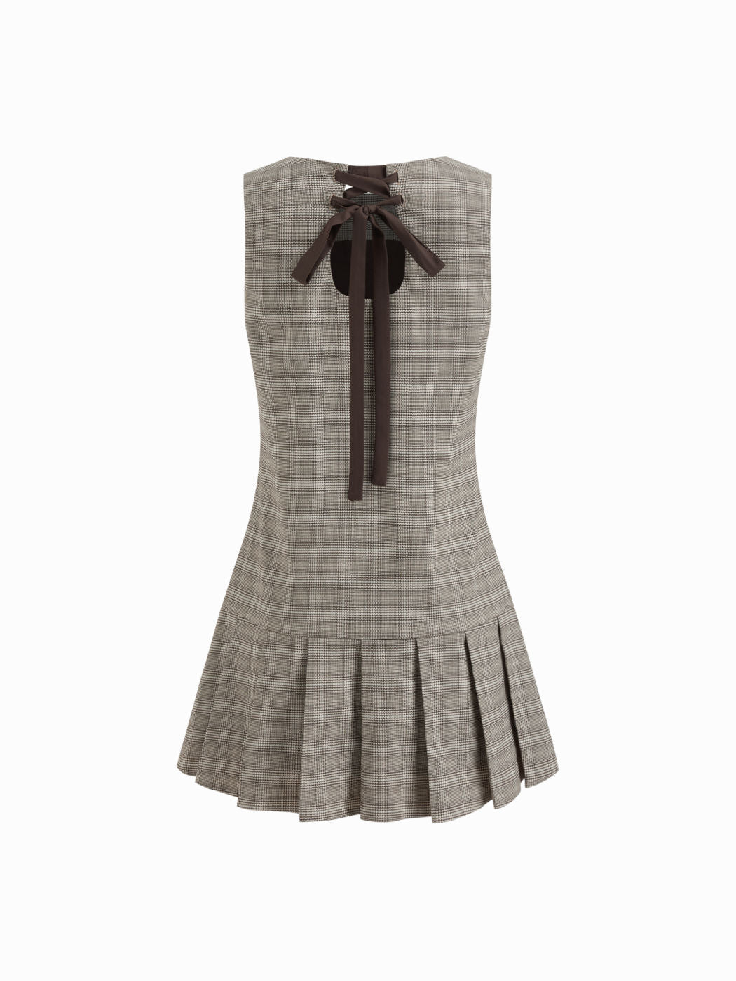 Boat Neck Plaid Pleated Lace Up Knotted Mini Dress
