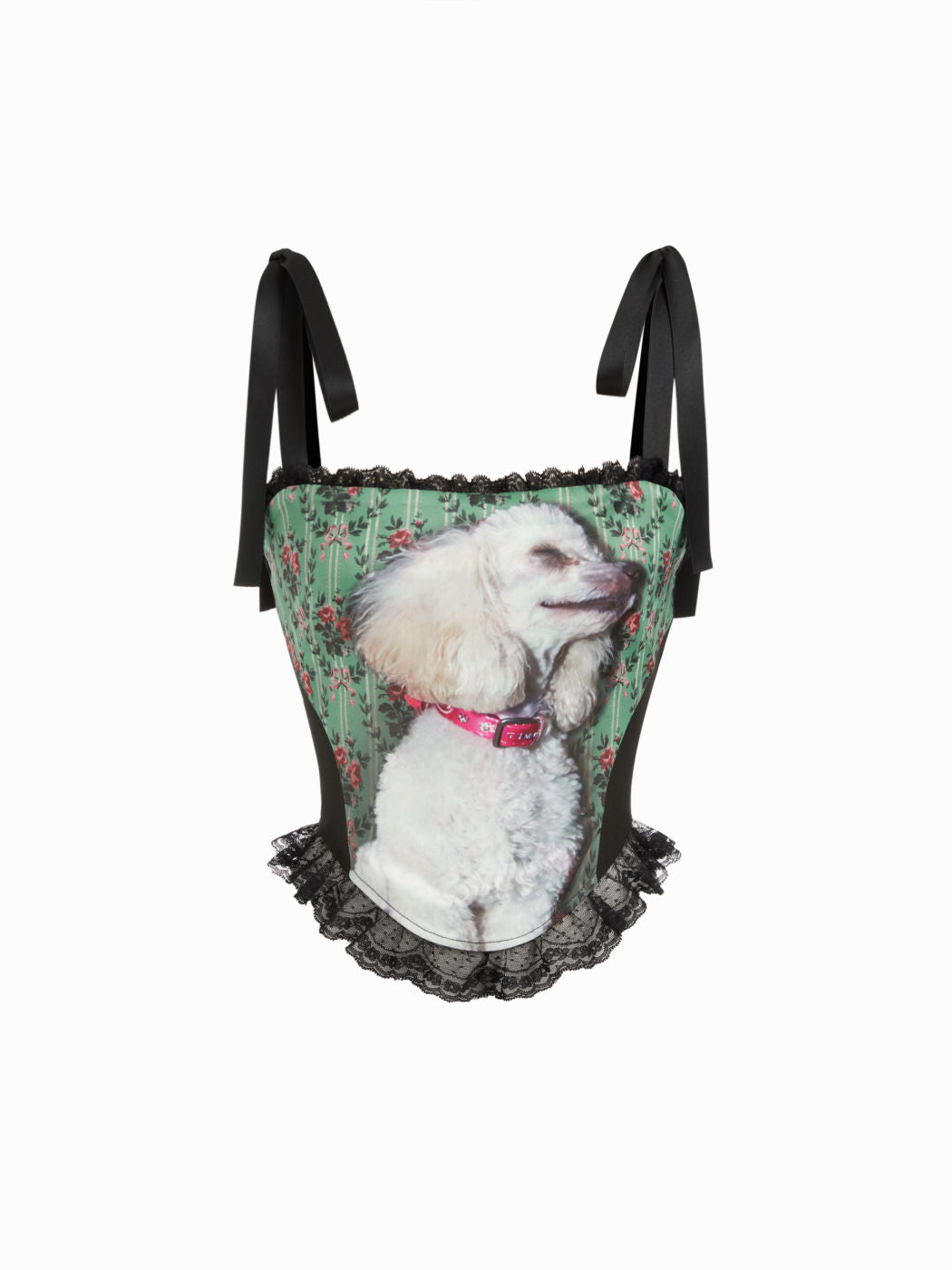 Dog Graphic Floral Square Neck Lace Trim Knotted Cami Top