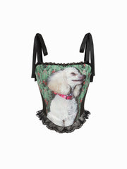 Dog Graphic Floral Square Neck Lace Trim Knotted Cami Top
