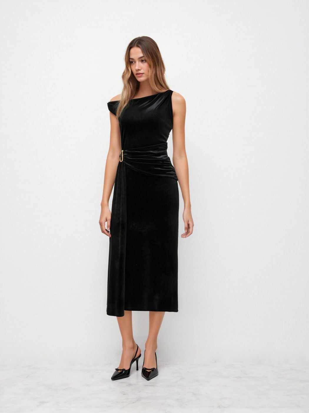 Velvet Asymmetrical Neckline Draped Metal Detail Maxi Dress