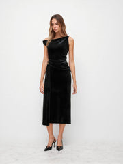 Velvet Asymmetrical Neckline Draped Metal Detail Maxi Dress