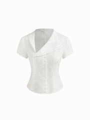 100% Cotton Asymmetrical Neck Button Curved Hem Short Sleeve Blouse