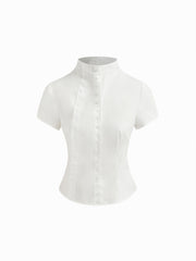 100% Cotton Asymmetrical Neck Button Curved Hem Short Sleeve Blouse
