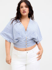 Cotton-blend V Neck Stripe Ruched Dolman Sleeve Shirt Curve & Plus