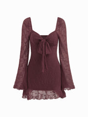 Lace Floral Sweetheart Neckline Long Sleeve Bowknot Mini Dress