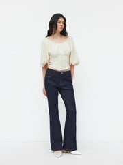 Round Neckline Ruched Knotted Corset Puff Sleeve Blouse