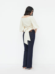 Round Neckline Ruched Knotted Corset Puff Sleeve Blouse