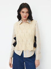 Knit Round Neckline Bowknot Hollow Out Oversized Vest