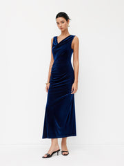 Velvet Cowl Neck Draped Ruched Backless Knotted Maxi Dress