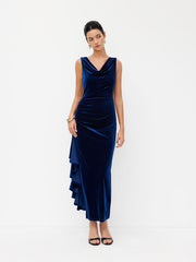 Velvet Cowl Neck Draped Ruched Backless Knotted Maxi Dress