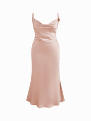 Satin Cowl Neck 3D Floral Ruched Mermaid Maxi Dress Curve & Plus