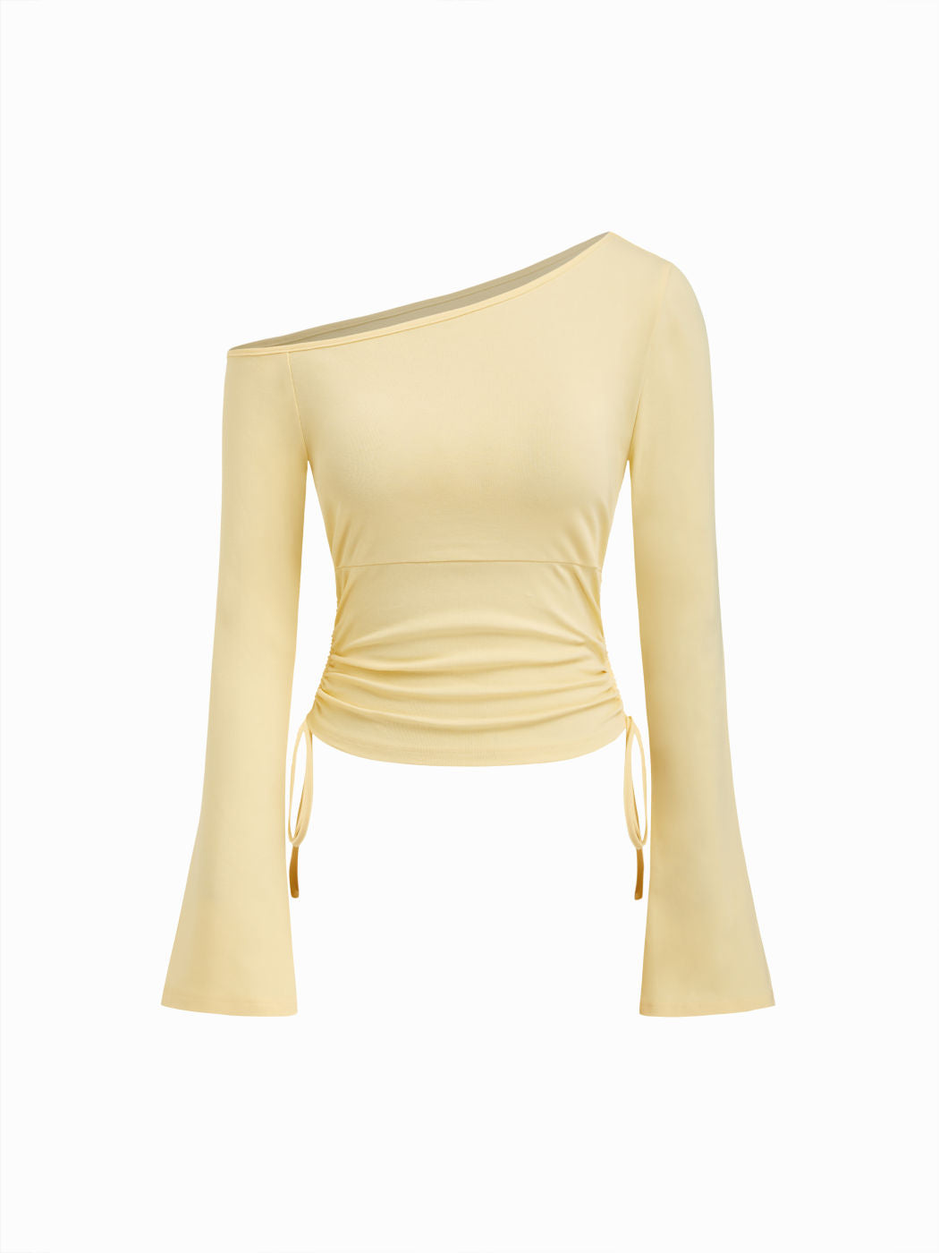 Cotton-blend Asymmetrical Neck Ruched Drawstring Bell Sleeve Top