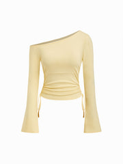 Cotton-blend Asymmetrical Neck Ruched Drawstring Bell Sleeve Top