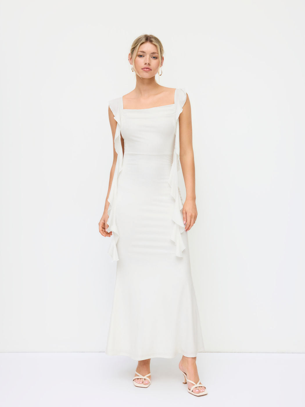 Cowl Neck Solid Ruffle Hem Maxi Dress