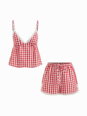 Cotton-blend V-neck Lace Trim Cami Top & Mid Rise Gingham Shorts Loungewear Set