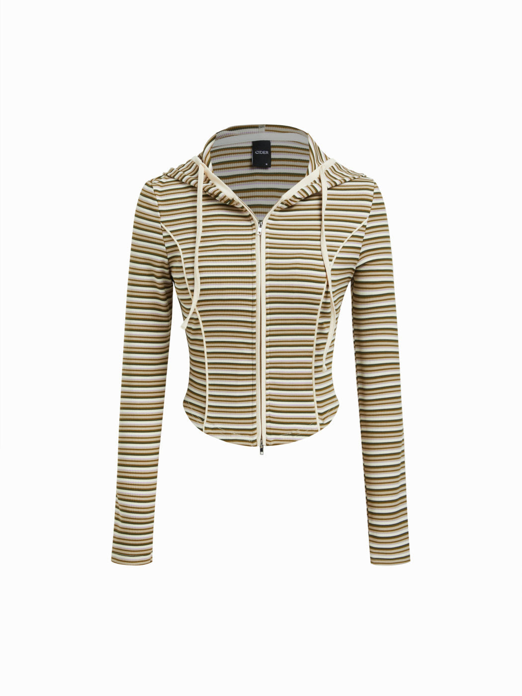 Striped Long Sleeve Zip Through Drawstring Curved Hem Hoodie