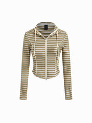 Striped Long Sleeve Zip Through Drawstring Curved Hem Hoodie