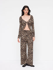 V-neck Leopard Split Top & Mid Rise Straight Leg Trousers Loungewear Set